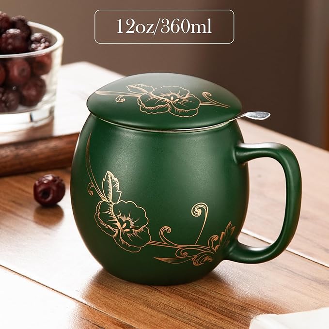 Yundu 12 OZ Ceramic Mug with Lid & Tea Strainer - Matte Green Tea Cup with Golden Flower, Stainless Steel Infuser for Loose Leaf Tea