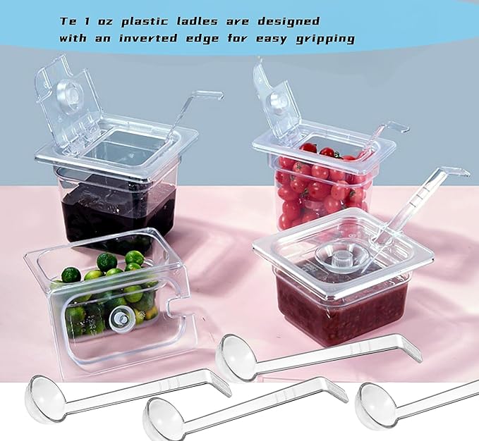 12 pieces 1 oz ladle Set Including 6 Pcs clear small gravy ladle and 6 Pcs Clear Plastic Tongs for Cocktail Whiskey Tea Party Candy Dessert Buffet