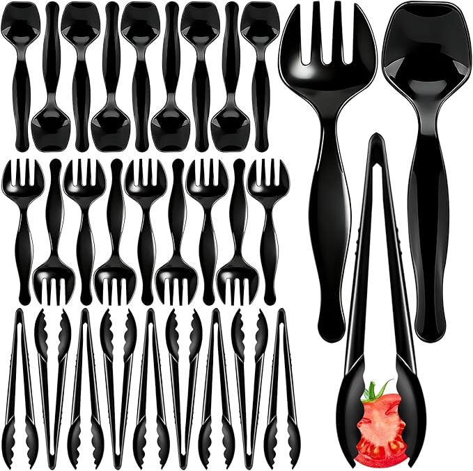 30PCS Disposable Plastic Serving Utensils for Parties, Buffet Serving Utensils Set-10 Black Plastic Serving Spoons, 10 Tongs and 10 Forks for Catering, Entertaining and Parties