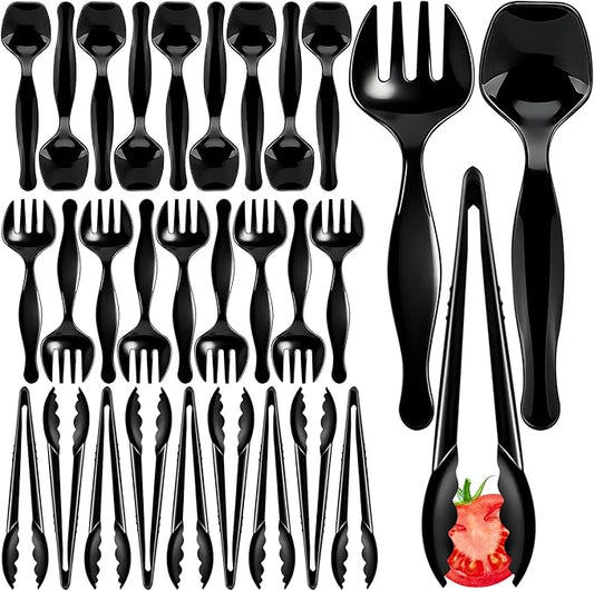 30PCS Disposable Plastic Serving Utensils for Parties, Buffet Serving Utensils Set-10 Black Plastic Serving Spoons, 10 Tongs and 10 Forks for Catering, Entertaining and Parties