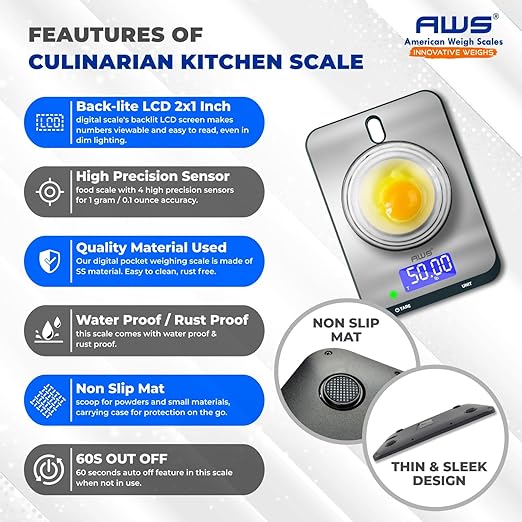 AWS Culinarian Digital Kitchen Cooking Baking Food Scale 22lb x 0.1oz | Stainless Steel with Tare, Touch Buttons, Water-Resistant Surface | Milk/Water mL Mode, Thin Design & Backlit Display