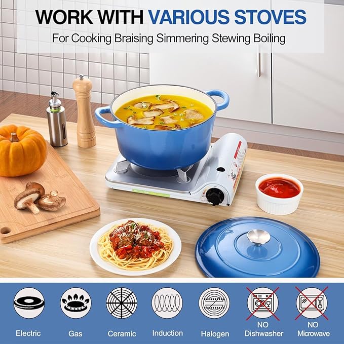 P&P CHEF 6QT Enameled Dutch Oven, Cast Iron Dutch Oven Pot with Lid for Bread Baking, Enameled Casserole Pot for Roasting Braising Stewing Frying Simmering, Various Stoves & Easy Clean, Blue
