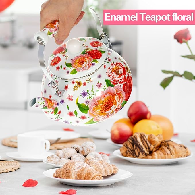 2.6 Quart Floral Enamel Tea Kettle, Vintage Enameled Teapot Stovetop, Enamel on Steel Water Coffee Tea Pot with Ceramic Handle, Colorful Hot Water Kettle for Home Kitchen Decor, No Whistling