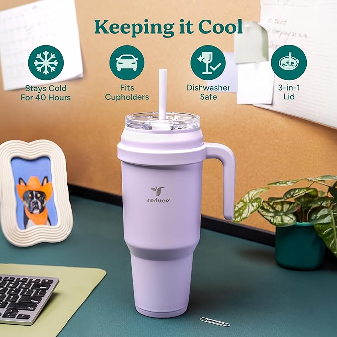REDUCE 50 oz Stainless Steel Tumbler with Handle - Dual-Wall Vacuum Insulated Travel Mug, Sweat-Proof Lid & Reusable Straw - Keeps Drinks Cold for 24 Hrs, Fits Cupholders, Dishwasher Safe - Dark Web