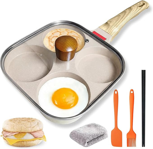4‑Cup Nonstick Egg Pan Set with Lid – Aluminum Omelette Skillet for Breakfast, Includes Silicone Scraper, Oil Brush, Chopsticks & Cleaning Cloth – Compatible with Gas & Induction Cooktops (White)
