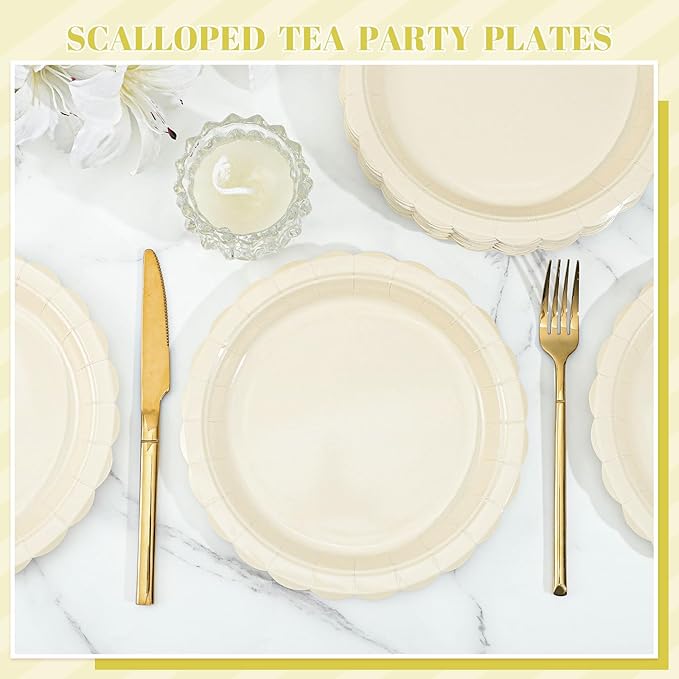 30 Pcs Ivory Paper Plates 9 Inch Disposable Scalloped Cream Plates Cute Beige Dessert Cake Plate Party Dinner Plate for Baby Shower, Wedding, Bridal Shower