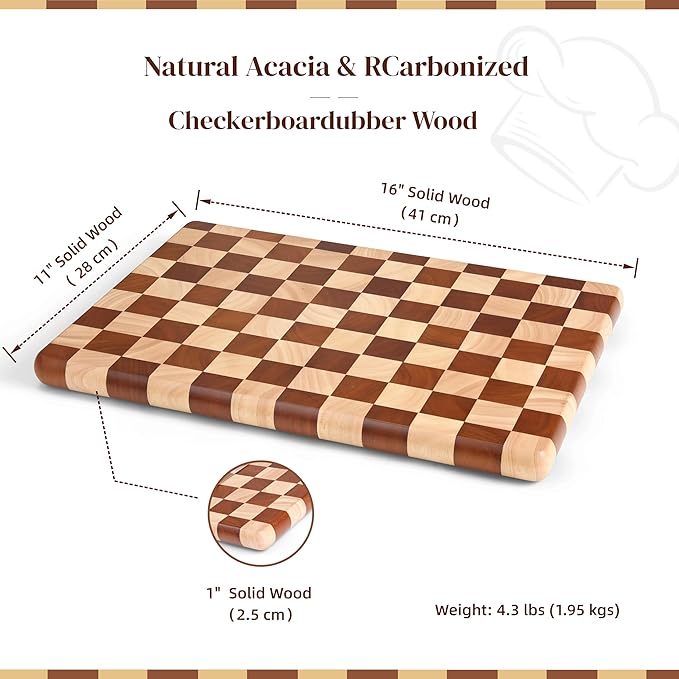 Checkered Cutting Board for Kitchen, 16"L x 11"W x 1"Th – Wooden Chopping, Cheese & Charcuterie Board in Acacia Wood, Butcher Block Serving Tray for Meat, Fruit, Bread & Vegetables