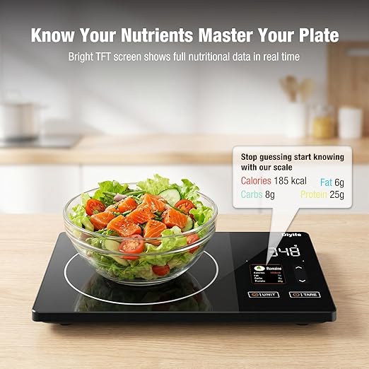 Smart Nutrition Food Scale with 2" TFT Display, Diyife Kitchen Scale with Nutritional Calculator, Calorie, Fat, Carb, Protein Tracking, 50 Food Preload, Support for App Customization, Battery-Powered