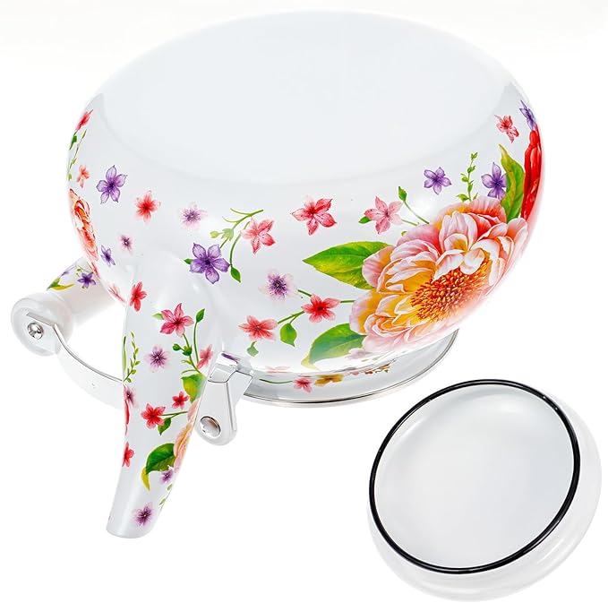 2.6 Quart Floral Enamel Tea Kettle, Vintage Enameled Teapot Stovetop, Enamel on Steel Water Coffee Tea Pot with Ceramic Handle, Colorful Hot Water Kettle for Home Kitchen Decor, No Whistling