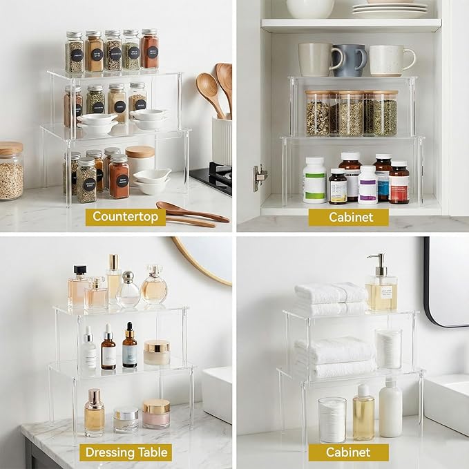 4 Pack Clear Kitchen Cabinet Organizer, Stackable Acrylic Tiered Spice Organization Display Shelf for Cabinet Shelf Desk Countertop Organizer
