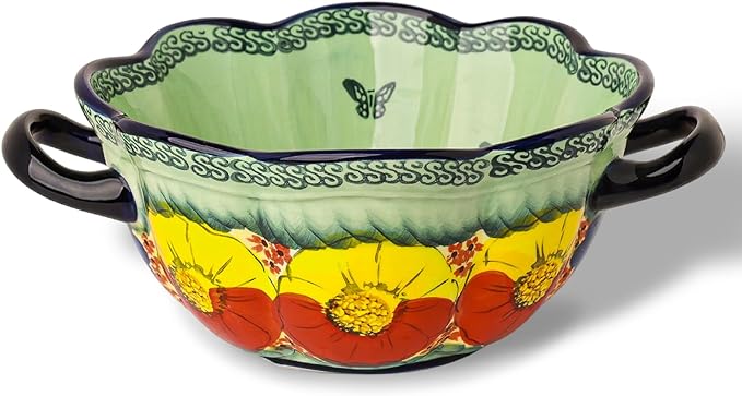 silesia Handmade Salad Bowls with Handles, 45 oz Hand-Painted Serving Bowl, Large Ceramic Crocks for Soup, Pasta, Stew, Microwave & Dishwasher Safe, Kitchen Decor Gift (Glazed Green)