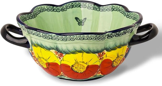 silesia Handmade Salad Bowls with Handles, 45 oz Hand-Painted Serving Bowl, Large Ceramic Crocks for Soup, Pasta, Stew, Microwave & Dishwasher Safe, Kitchen Decor Gift (Glazed Green)