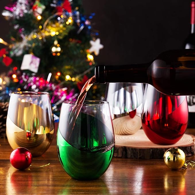 MyGift 4 Piece Stemless Glassware Set, Holiday Multicolor Angled Wine Glasses, Dipped Gold Silver Red Green Colored Mirrored Glass Cocktail Drinking Cups, 18 oz Capacity