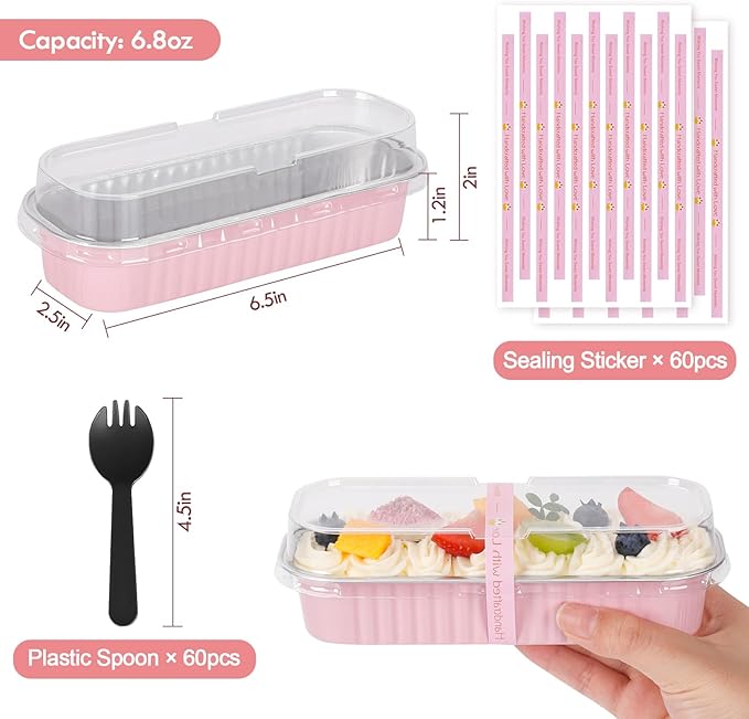 60 Pack Mini Loaf Pans with Lids and Spoons Sealing Sticker, 6.8oz Mini Cake Pans for Baking, Disposable Aluminum Foil Loaf Pans, Pink Loaf Baking Pans, Small Cake Containers With Lids