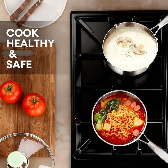 Titanium Saucepan with Lid, Non-Stick Titanium Pot, 500°F Heat Resistant, Fast & Even Heating, Universal Induction Gas Electric Glass Halogen Cooktops, Dual-Pour Spouts Design（2 QT)