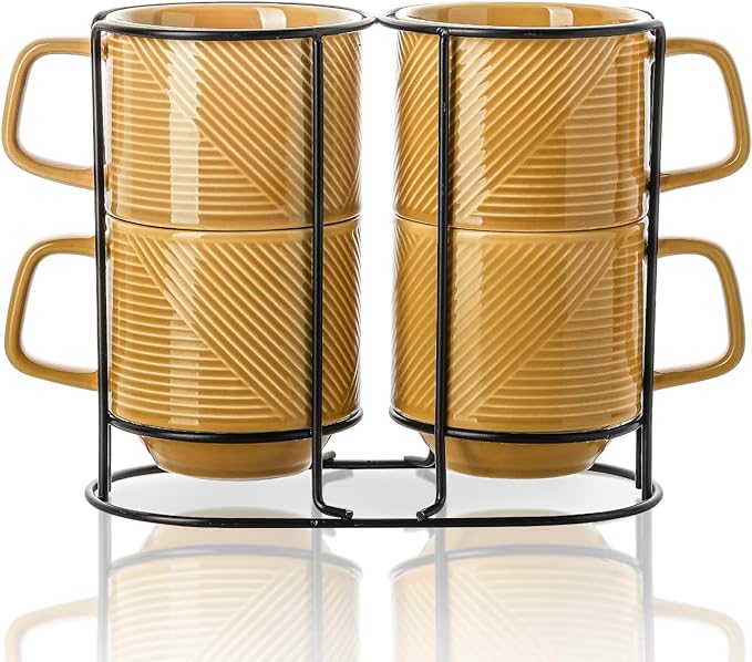 Stackable Coffee Mugs with Rack: 13 oz Stacking Ceramic Cups with Stand - Porcelain Stacked Tea Mug Set of 4(Mustard Yellow)