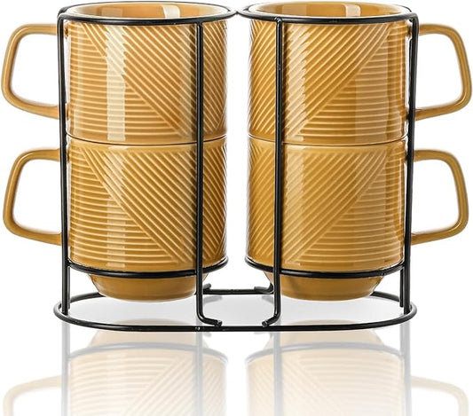Stackable Coffee Mugs with Rack: 13 oz Stacking Ceramic Cups with Stand - Porcelain Stacked Tea Mug Set of 4(Mustard Yellow)