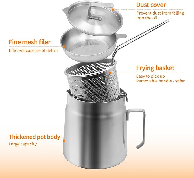 68oz Stainless Steel Oil Filter Pot with Deep Fryer Basket - Kitchen Large Capacity Versatile Oil Strainer Vessel and Bacon Grease Saver for Cooking Grease
