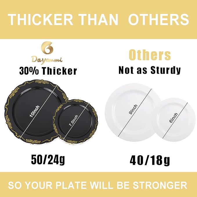 DaYammi 60PCS Black and Gold Plastic Plates, Heavy Duty Black and Gold Disposable Plates Premium 7.5 inch Dessert Cake Salad Appetizer Plate Hard Plastic Plate Disposable for Party Wedding