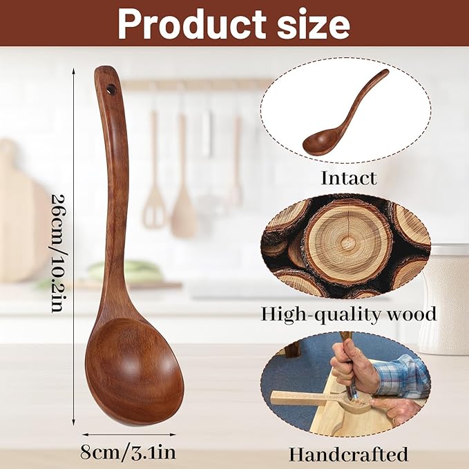 Wooden Soup Ladle, 10.2 Inch Long Handle Soup Ladle Wooden Soups Spoon Kitchen Utensil for Kitchen Cooking Serving Soups