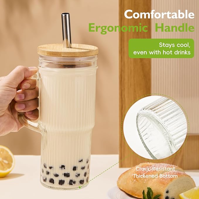 24oz Ribbed Glass Tumbler with Straw and Lid,Glass Cups with Handle,Stainless Steel Straws & Cleaning Brushes – Iced Coffee Cup for Smoothies, Tea, and Gifts, Set of 2