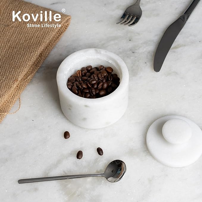 Koville Marble Salt Cellar with Lid 3.5" White, Stone Pepper Container & Spice Jars for Kitchen, Marble Salt and Pepper Holder, Stone Storage Box for Kitchen Counter, Spice Jar(Namib Fantasy White)