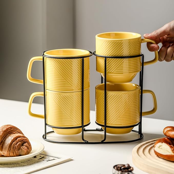 Stackable Coffee Mugs with Rack: 13 oz Stacking Ceramic Cups with Stand - Porcelain Stacked Tea Mug Set of 4 (Light Yellow)