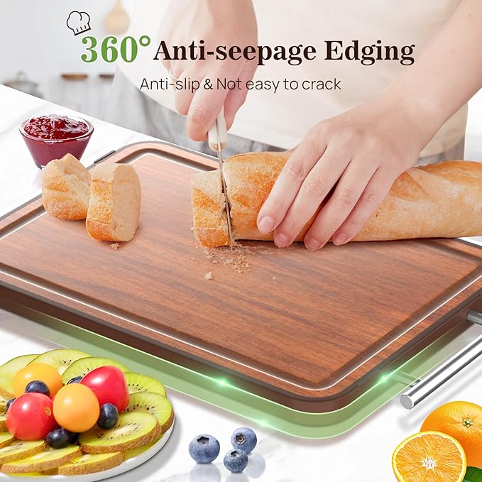 Stainless Steel Cutting Board Wood Double Sided Chopping Cutting Boards for Kitchen - 2 in 1 Ebony Metal with Handle Scratch Resistant Raw Meat Vegetable Fruit Cooking Gift 16.3''×10.4''×1''(Upgraded)