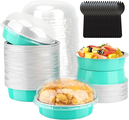 LNYZQUS 4 Inch Mini Cake Pans with Lids 50 Pack, Disposable Small Pie Tins Mini Tart Creme Brulee Ramekin Contaniers,8oz Aluminum Foil Baking Pans Jumbo Muffin Cups Holders-Cyan Blue