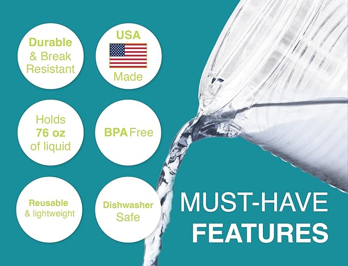 Arrow Home Products Clear Plastic Beverage Pitcher with Lid, 76 Ounce - Thick-Walled Fruit Design, Made in the USA - Fill with Ice Water, Iced Tea or Juice - BPA Free, Dishwasher Safe