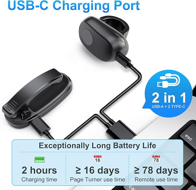Kindle Page Turner, Finger Ring Wireless Remote Control Page Turner for Kindle Paperwhite/Oasis/Scribe/Kobo, USB-C Charging Page Turner Compatible with iPad/iPhone/Tablet for Reading/Camera Shutte