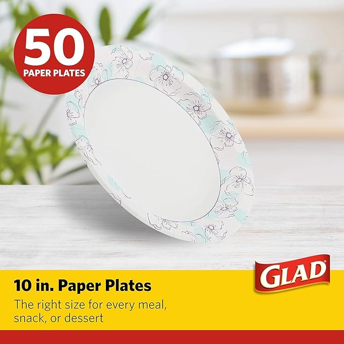 Glad Round Disposable Paper Plates, Blue Flower - Soak and Cut Proof, Microwave Safe, Heavy Duty Bulk Plates for Dinner and Everyday Use, 10 Inch - 50 Count - 2 Pack