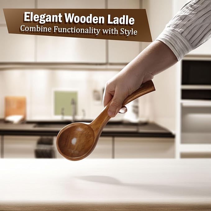 Wooden Ladle for Soup, Long Handle Wood Ladle Spoon Large Wooden Soup Ladel Cooking & Serving Spoon Utensils for Kitchen Cookware