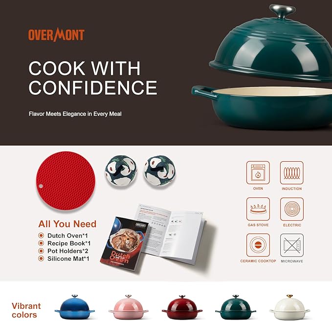 Overmont Enameled Cast Iron Bread Oven - 6QT Bread Dutch Oven for Sourdough Bread Baking - Bread Pot with Dome Lid Cotton Potholders & Cookbook - Multi-Functional Bread Pan For Baking Frying Roasting