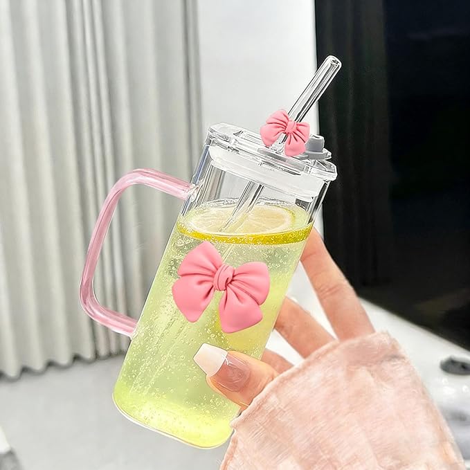 13Oz Square Glass Cups with Lids and Straws，Heat Resistant Glass Tumbler with Handle Bow Knot Transparent Drinking Glasses for Water,Juice,Iced Coffee,Milk,Tea (pink)