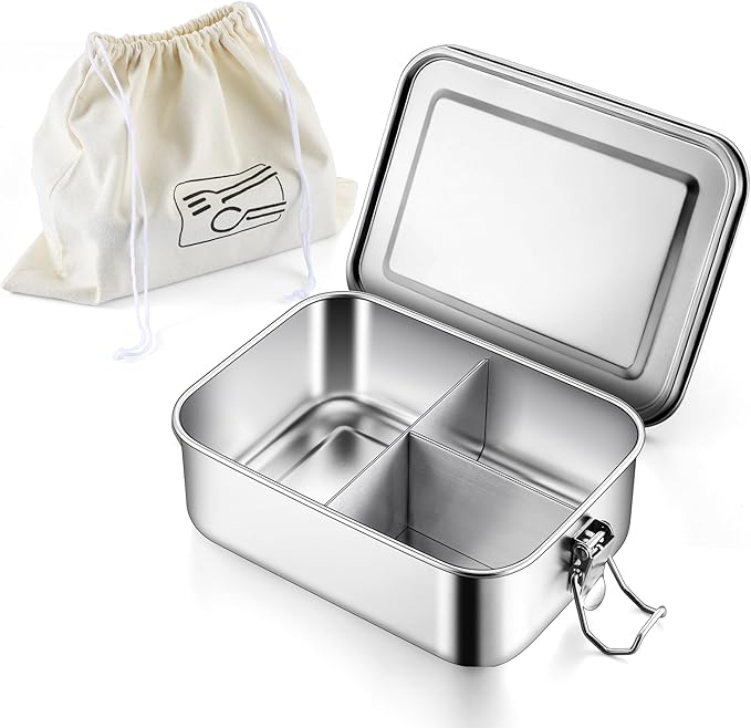 E-far Stainless Steel Bento Box, 28oz Metal Lunch Bento Box w/Leak Proof Lid, 850ml Small Food Container w/Removable Divider & Bag, Reusable 3-Compartment Bento Lunch Container for Camping Picnic