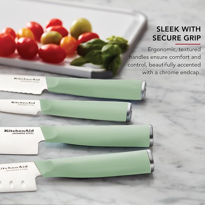 KitchenAid Chef Set with Custom Fit Covers, Sharp Kitchen Knife, High-Carbon Japanese Stainless Steel Blade, 4 Piece, Pistachio