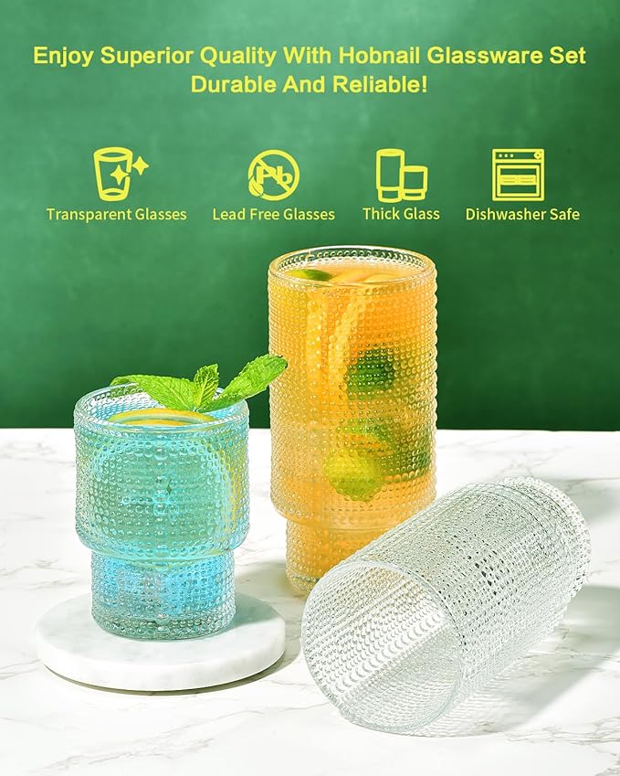 Hobnail Drinking Glasses Set of 12, Stackable Glasses 12 oz and 7 oz, Bubble Glasses Drinking, Vintage Glassware, Beaded Glassware, Highball Glasses, Gift Box Set