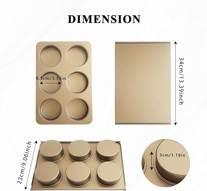 6 Cup Muffin Top Pan for Baking, Nonstick Hamburger Bun Pan, Straight Side English Muffin Cupcake Pans with Lid, Jumbo Muffins Pans for Baking Egg Sandwich Quiche Pancake, Gold (Round Shape)
