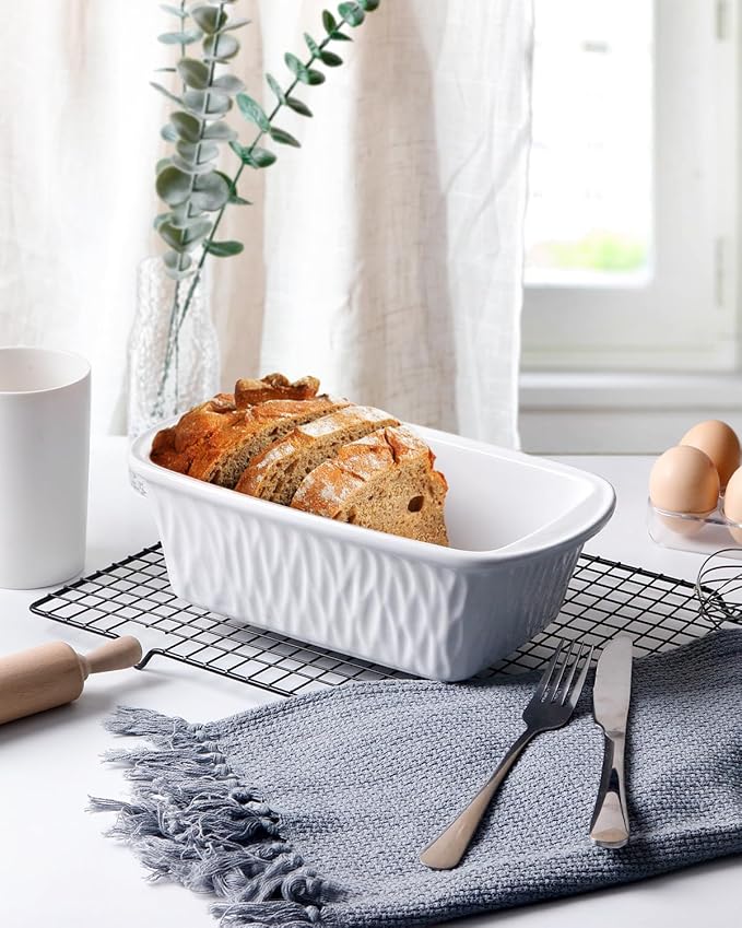 NUTRIUPS 9 x 6 Inch Rectangular Ceramic Loaf Pan for Baking Bread (White)