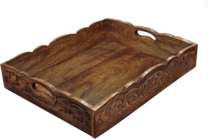 Hand Carved Wooden Serving Tray - Decorative Breakfast Tray with Handles - Rustic Wooden Food Tray with Intricate Detail - Unique Furnishing Accent - Natural Finish - 17 x 13 x 2.5 Inch - COTTON CRAFT