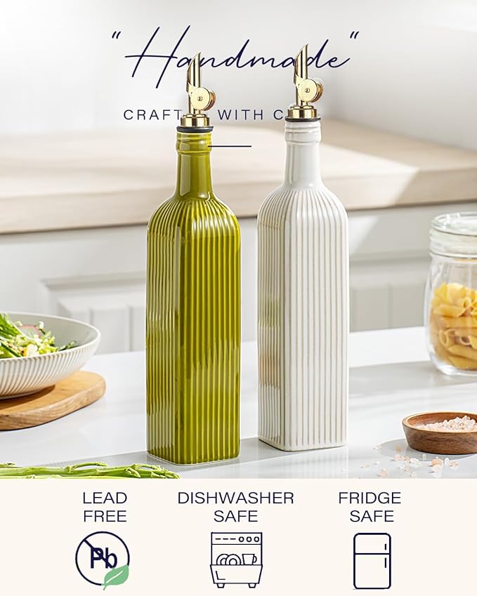 getstar 18 oz Olive Oil Dispenser Bottle for Kitchen, Ceramic Oil Bottle with Automatic Stainless Steel Pourer (Golden Pourer, Vintage White)