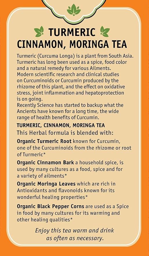 Herbal Cup Ayurveda Turmeric Tea, Organic Cinnamon Moringa, No Caffeine Herbal Supplement (16 Count, Pack of 3)