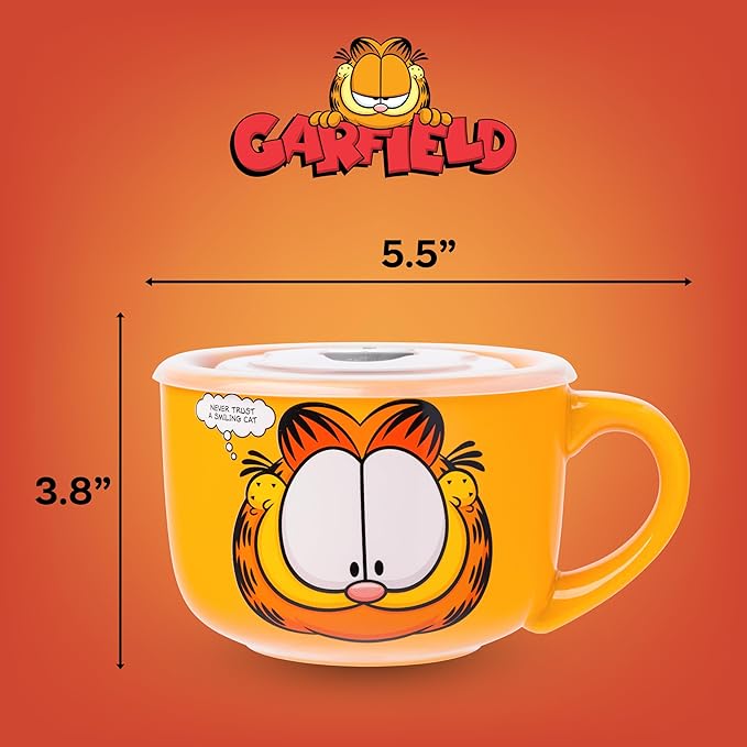 Silver Buffalo Garfield Never Trust a Smiling Cat Featuring Odie, Arlene, Nermal, and Pooky Ceramic Soup Mug with Vented Plastic Lid, 24 Ounces