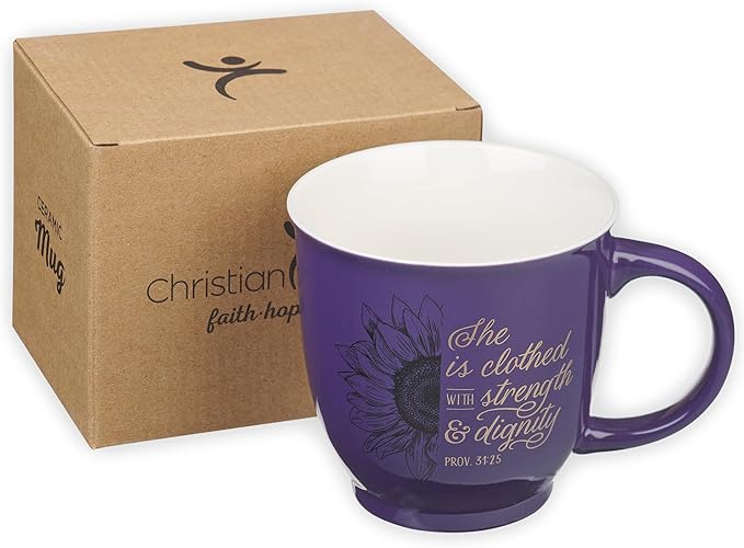 Christian Art Gifts Purple Sunflower Ceramic Coffee Mug – 14 oz. Lead and Cadmium-free Inspirational Scripture Coffee and Tea Mug for Women with Bible Verse: Strength & Dignity – Proverbs 31:25