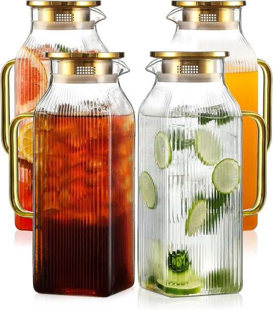 4 Pack 2 Liter/68 oz Square Glass Pitcher with Lid, Classic Stripes Water Pitchers with Handle for Fridge, Large Jug for Iced Tea, Coffee, Borosilicate Glass Carafe for Hot/Cold Brew Drink, Gold