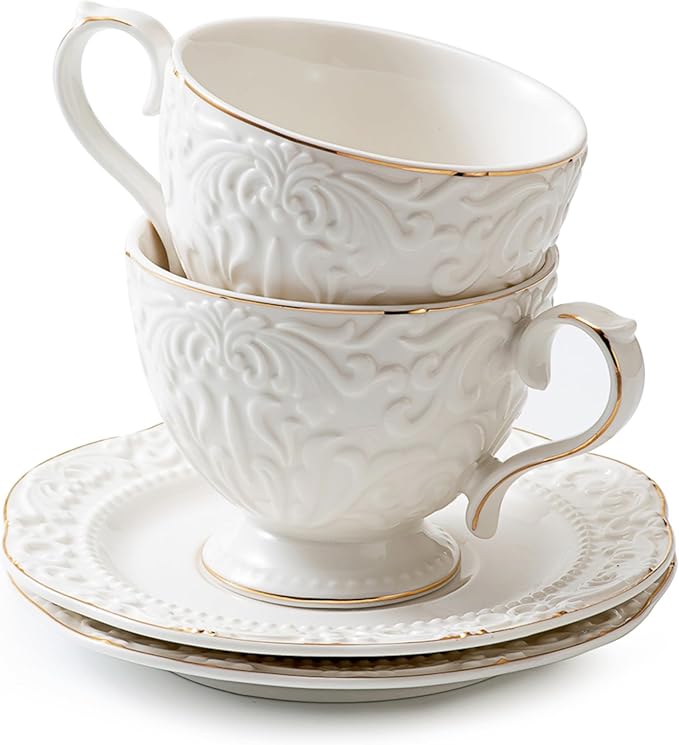 Cups and Saucers Tea Cups Set of 2, Ceramic Coffee Cups with Floral Embossed Design, 200ml (7 oz) Tea Cups and Saucers Porcelain Mugs for Birthday Party Cafe Home Gift
