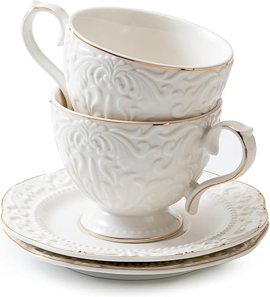 Cups and Saucers Tea Cups Set of 2, Ceramic Coffee Cups with Floral Embossed Design, 200ml (7 oz) Tea Cups and Saucers Porcelain Mugs for Birthday Party Cafe Home Gift