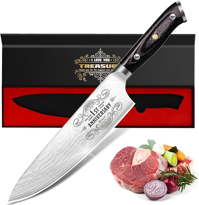 1 Year Anniversary Paper Gifts for Boyfriend, 1st Anniversary Present for Men Him Husband, 8 inch Pro German Chef Knife, One Year Kitchen Knife Gift Set, Best First Year Birthday Him Gifts