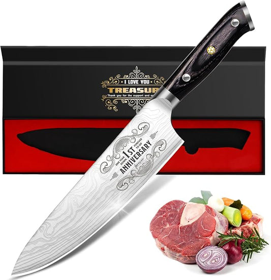 1 Year Anniversary Paper Gifts for Boyfriend, 1st Anniversary Present for Men Him Husband, 8 inch Pro German Chef Knife, One Year Kitchen Knife Gift Set, Best First Year Birthday Him Gifts